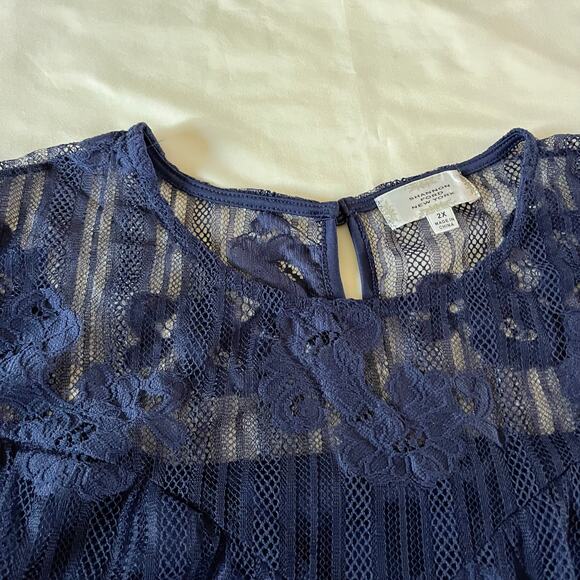 Blue Lace Overlay Sweetheart Neckline Blouse Plus Sz 2X Cruise Coastal Beach - Picture 6 of 13